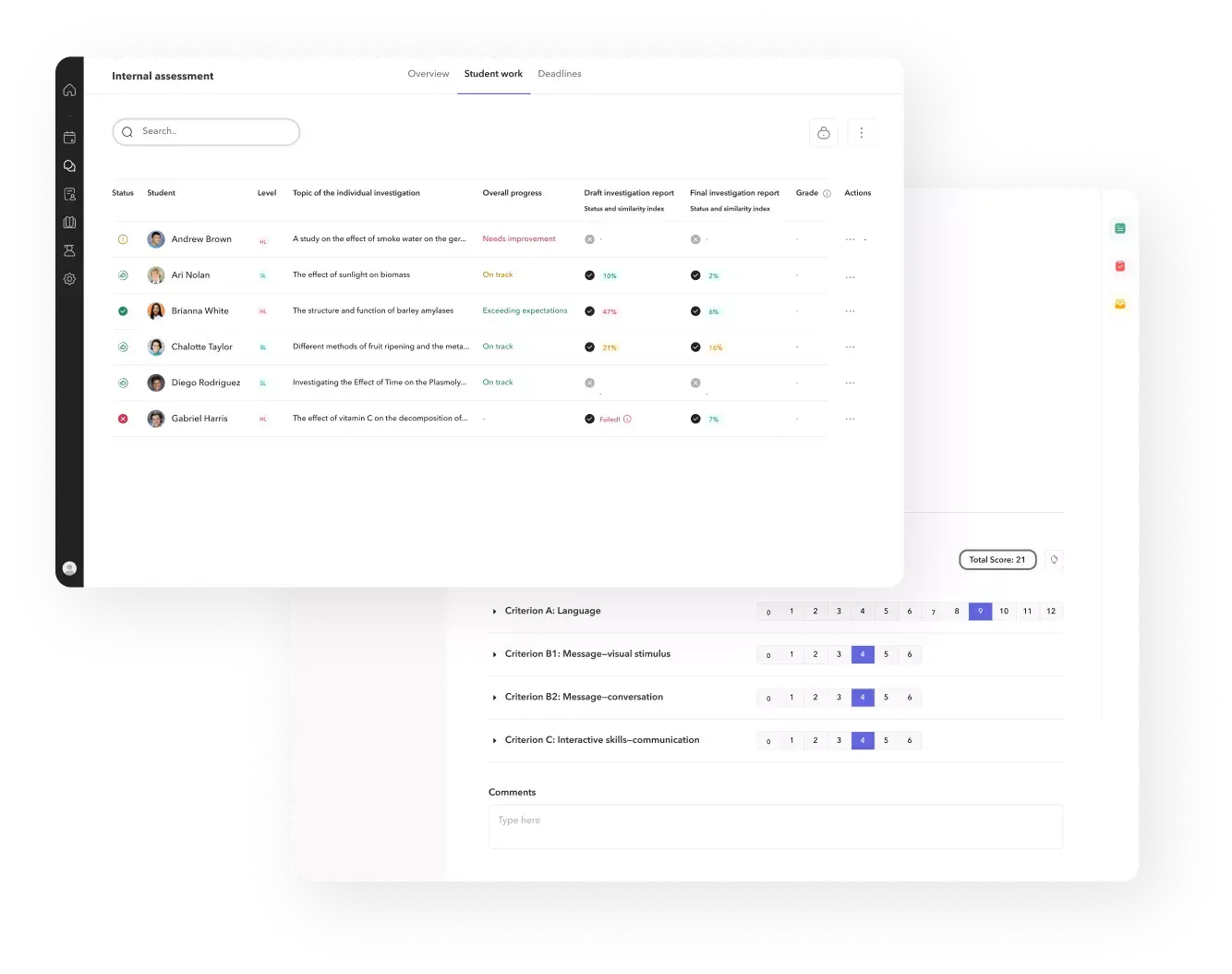 Toddle built-in module for tracking and scoring internal and external DP Assessment