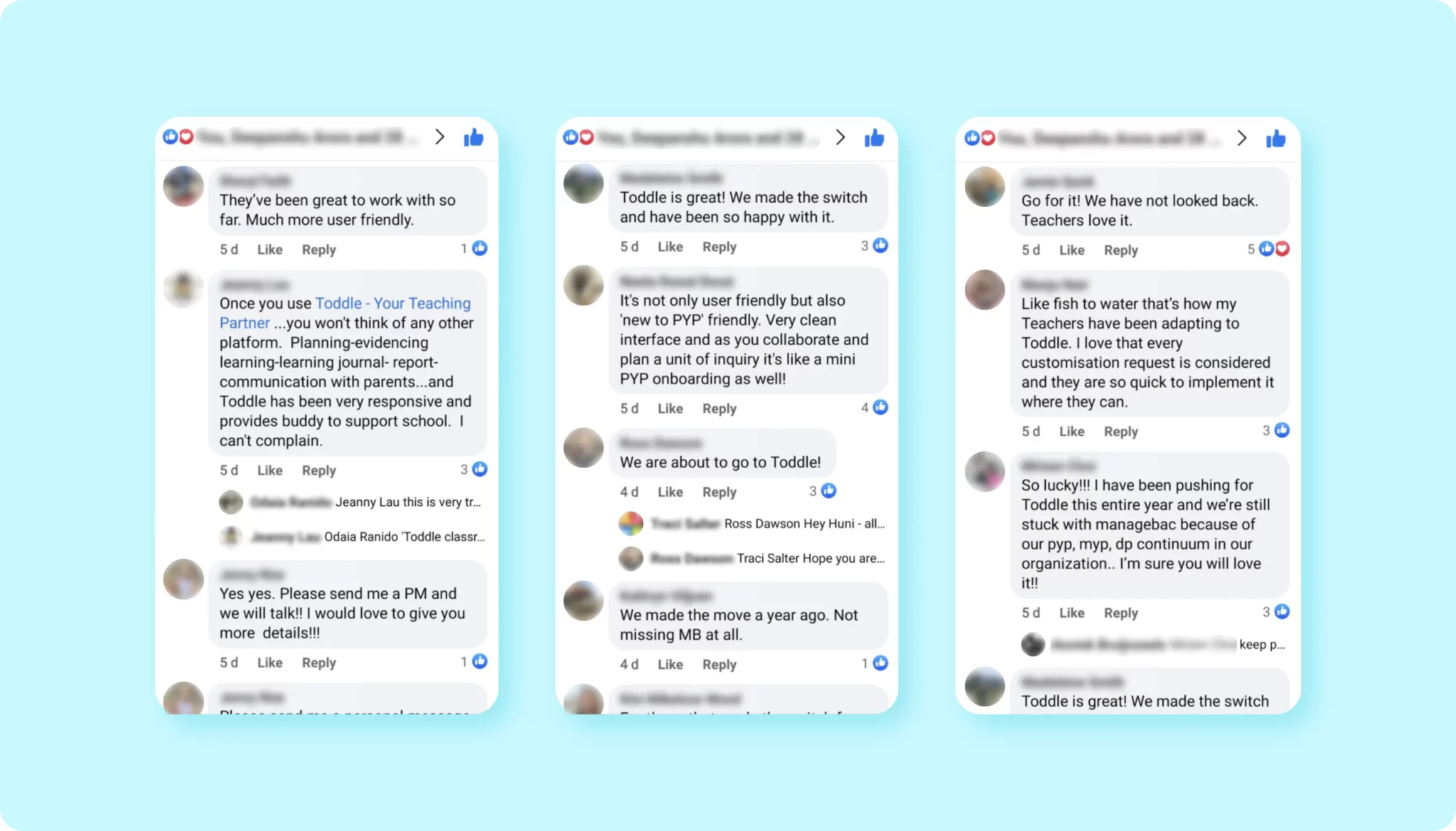 Social media comments appreciating Toddle's highly organised planning and learning