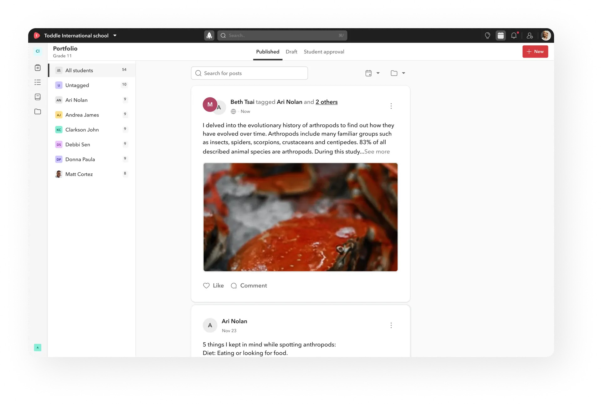 Toddle Portfolio feature to add student work, goal and reflection for documenting the learning journey