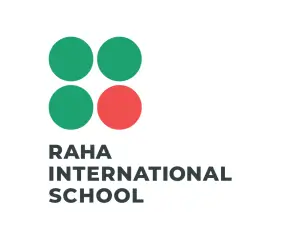 Raha International School logo with green dots and text
