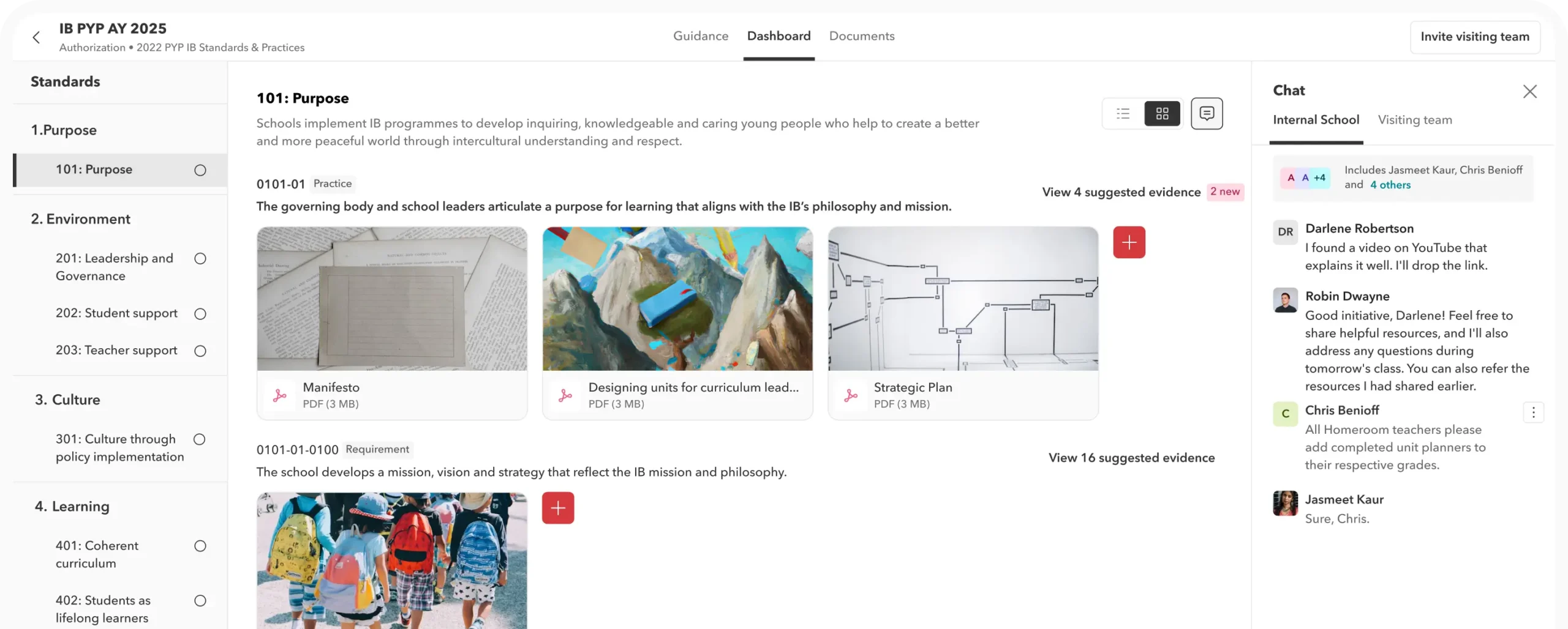Toddle accreditation dashboard showing standards with evidence mapped against each practice