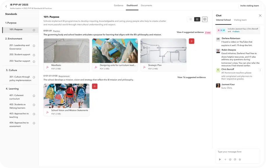 Toddle accreditation dashboard showing standards with evidence mapped against each practice