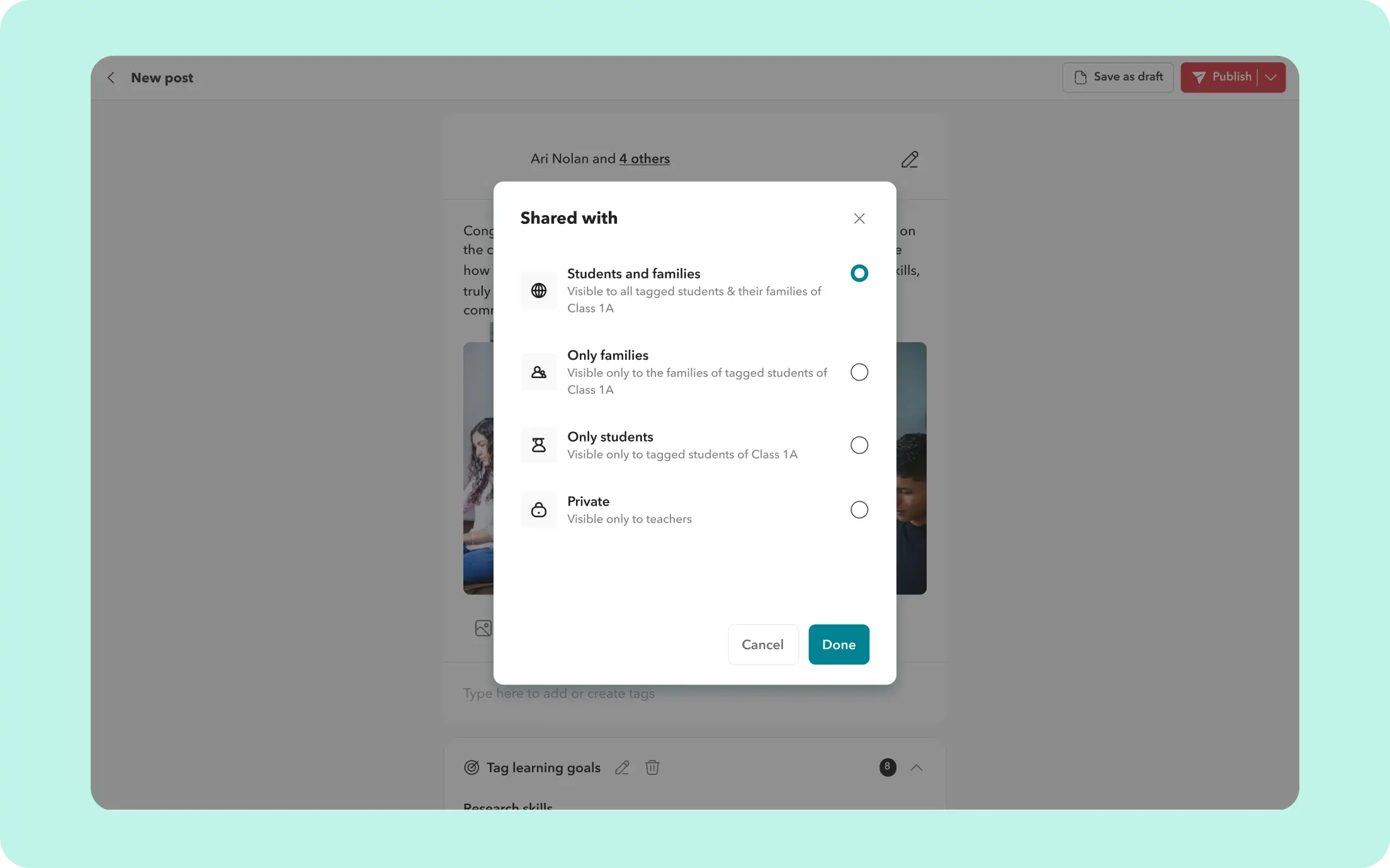 Screenshot showing portfolio post sharing controls for students and families