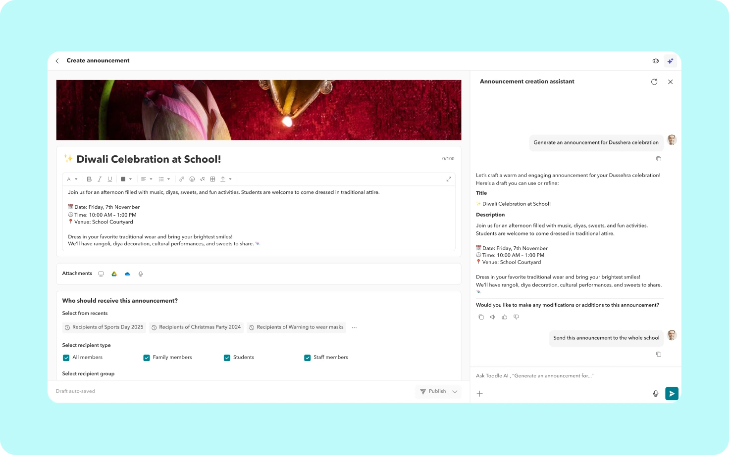 Product screenshot showing Toddle AI drafting a message