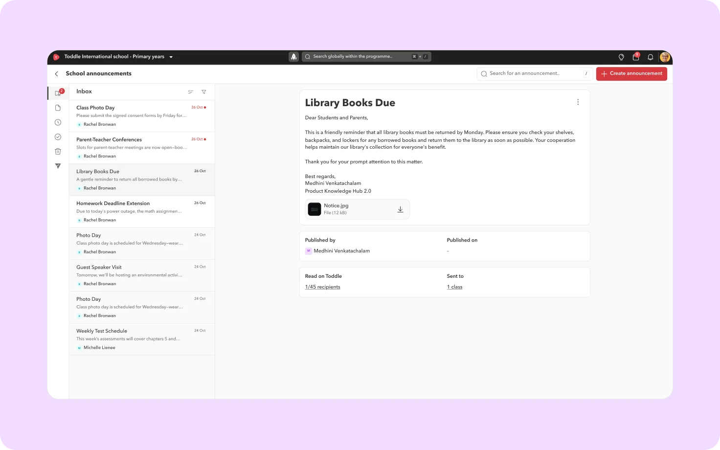 Product screenshot showing a school-wide announcement on Toddle