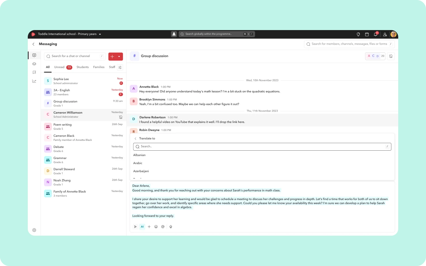 Product screenshot showing a message auto-translated into another language on Toddle