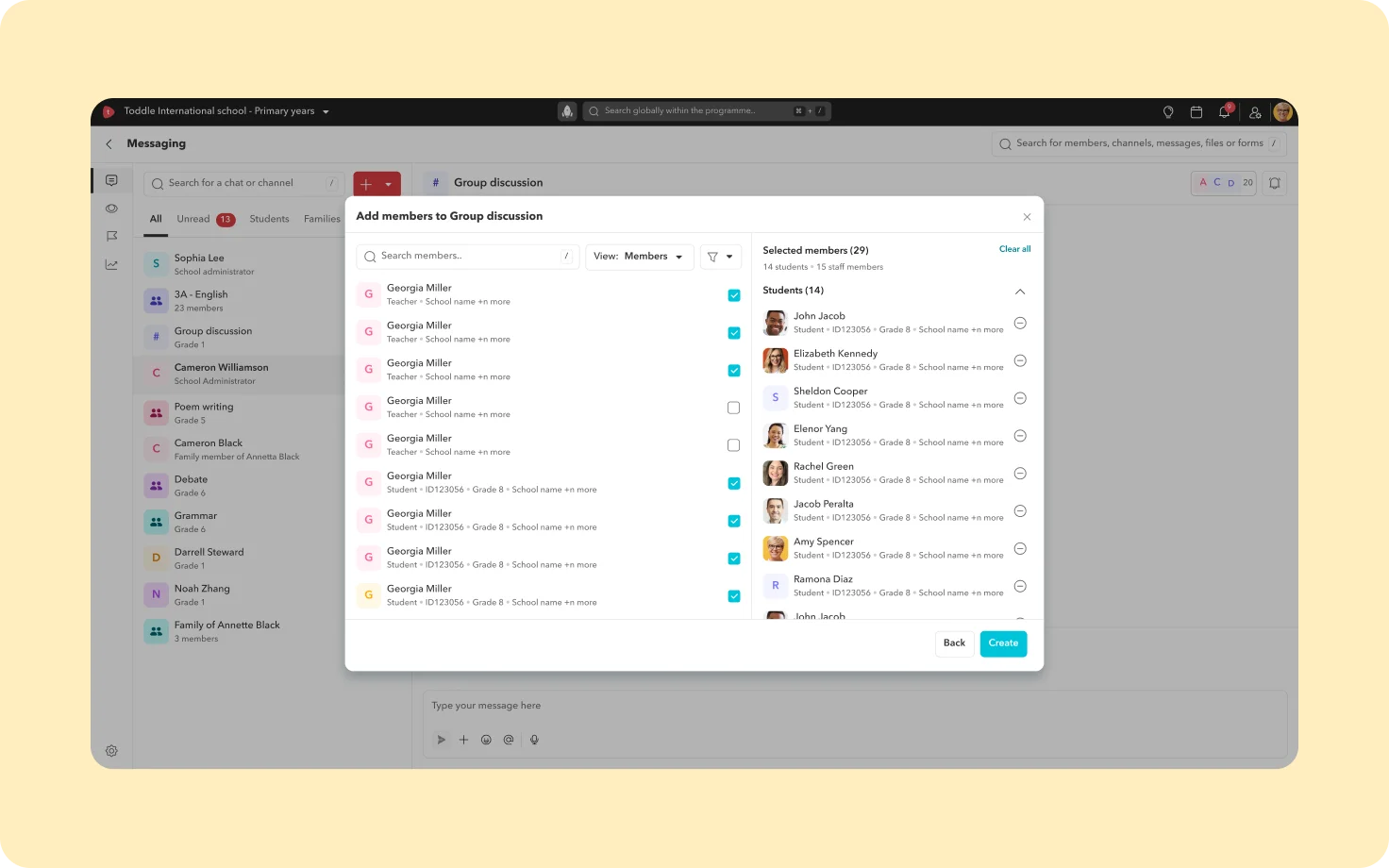 Product screenshot showing members joining a communication channel on Toddle