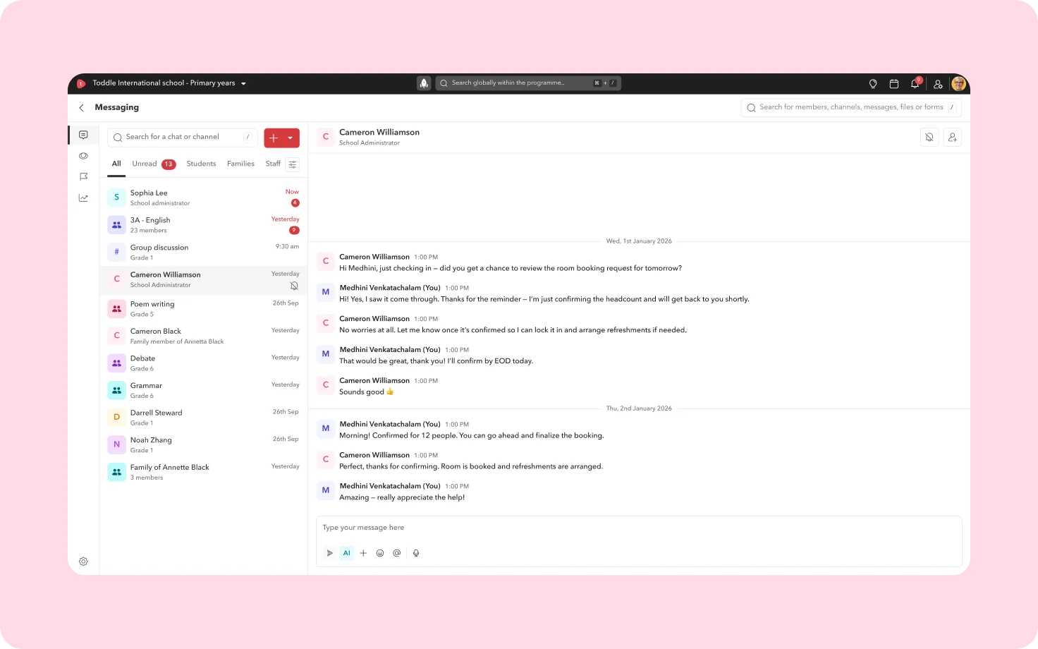 Product screenshot showing a 1:1 message conversation on Toddle