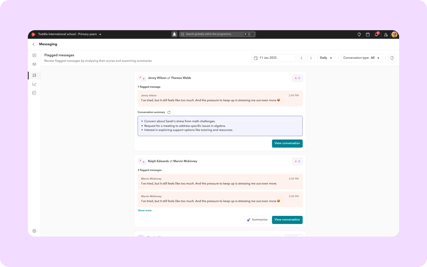 Product screenshot showing flagged conversations reviewed under Toddle’s privacy controls