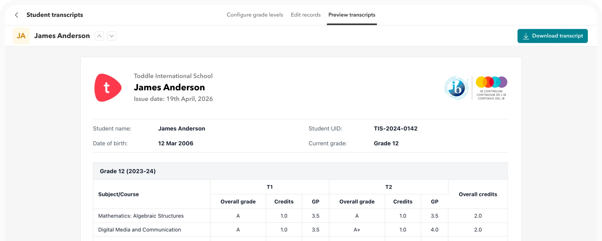 Progress Reports and Transcripts Toddle progress report builder showing a student report card with grades, comments, and cover sheet settings