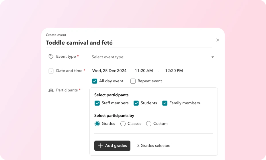 Change it once, everyone's in sync Creating a calendar event that notifies the right people in Toddle