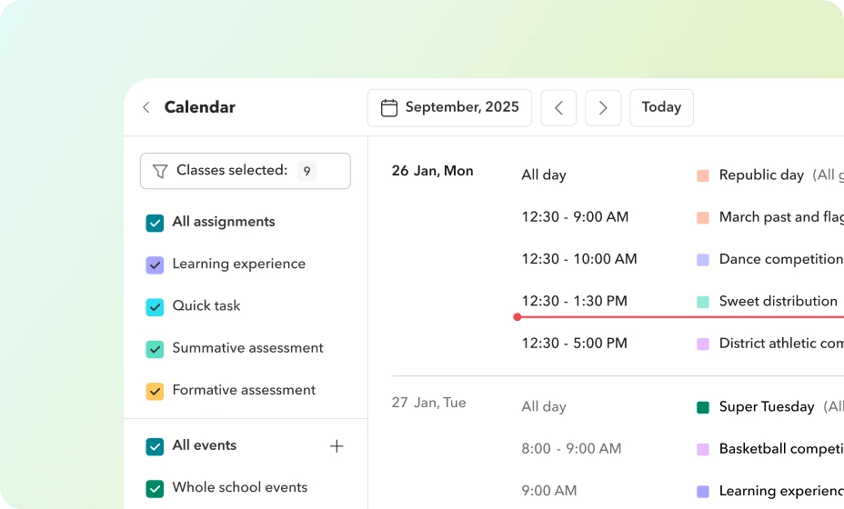 Everything, on one calendar Toddle calendar showing units, lessons, assessments, and school events in one place