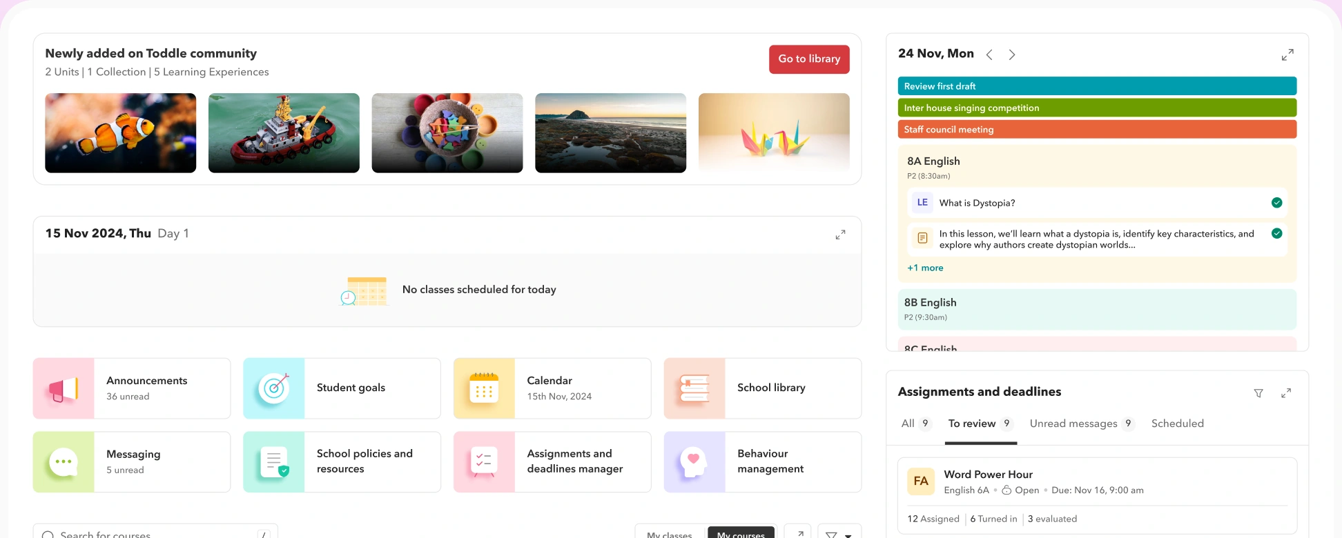 Toddle platform dashboard showing curriculum planning, announcements, student goals, calendar, and assignments