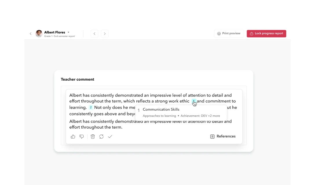 Generate evidence-backed comments with Toddle AI Toddle AI drafting a personalized student comment from assessment evidence