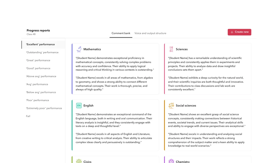 Write faster with your school's comment banks Teacher selecting a comment from the school's comment bank while writing a report