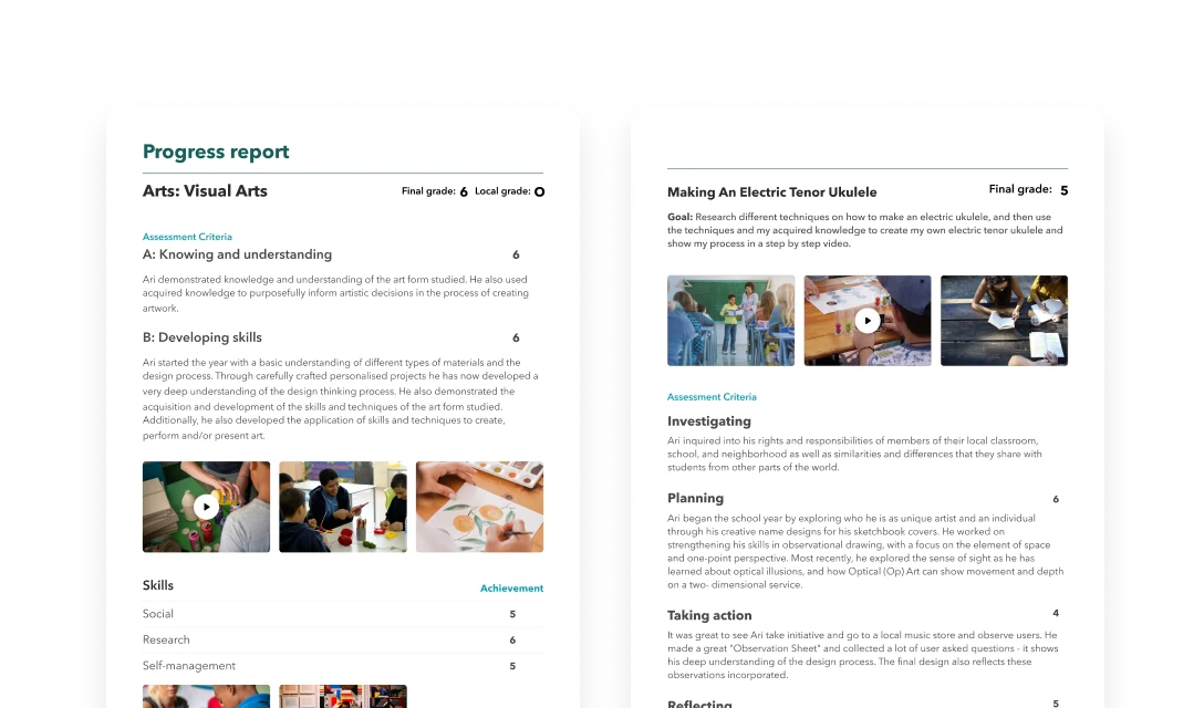 Create media-rich, holistic reports Progress report page with embedded photos and videos of student work