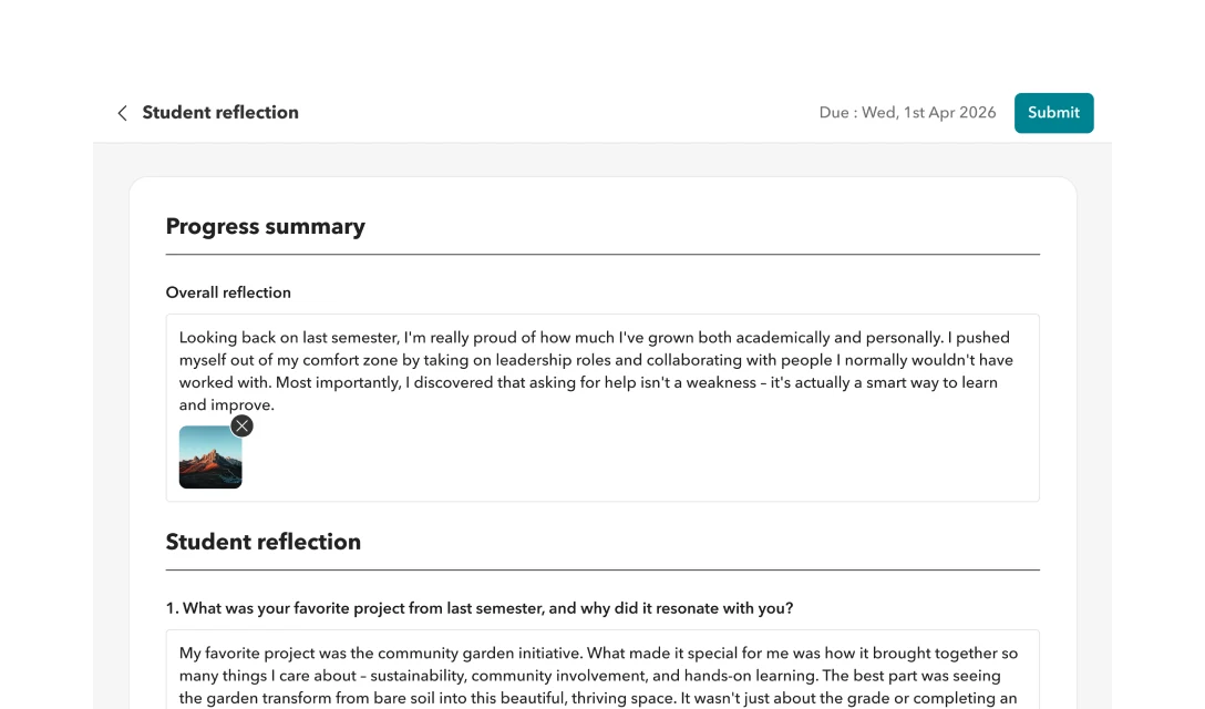 Give students a voice in their reports Student reflection prompt embedded alongside a teacher's comment on a progress report