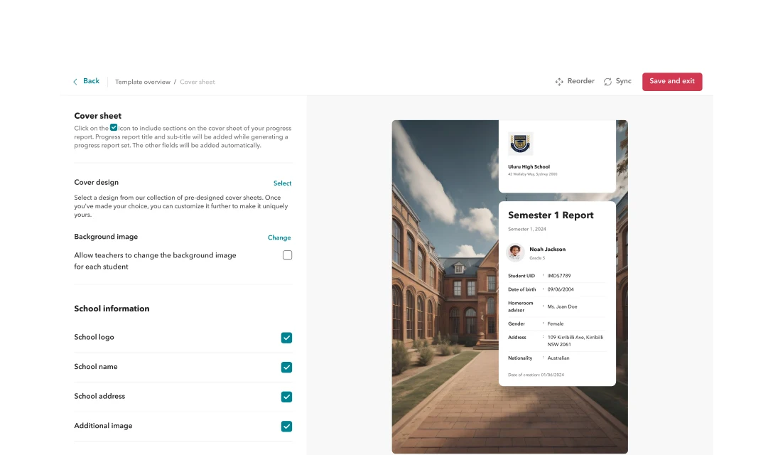 Choose from customizable reporting templates Toddle progress report template with customizable cover sheet and student information fields