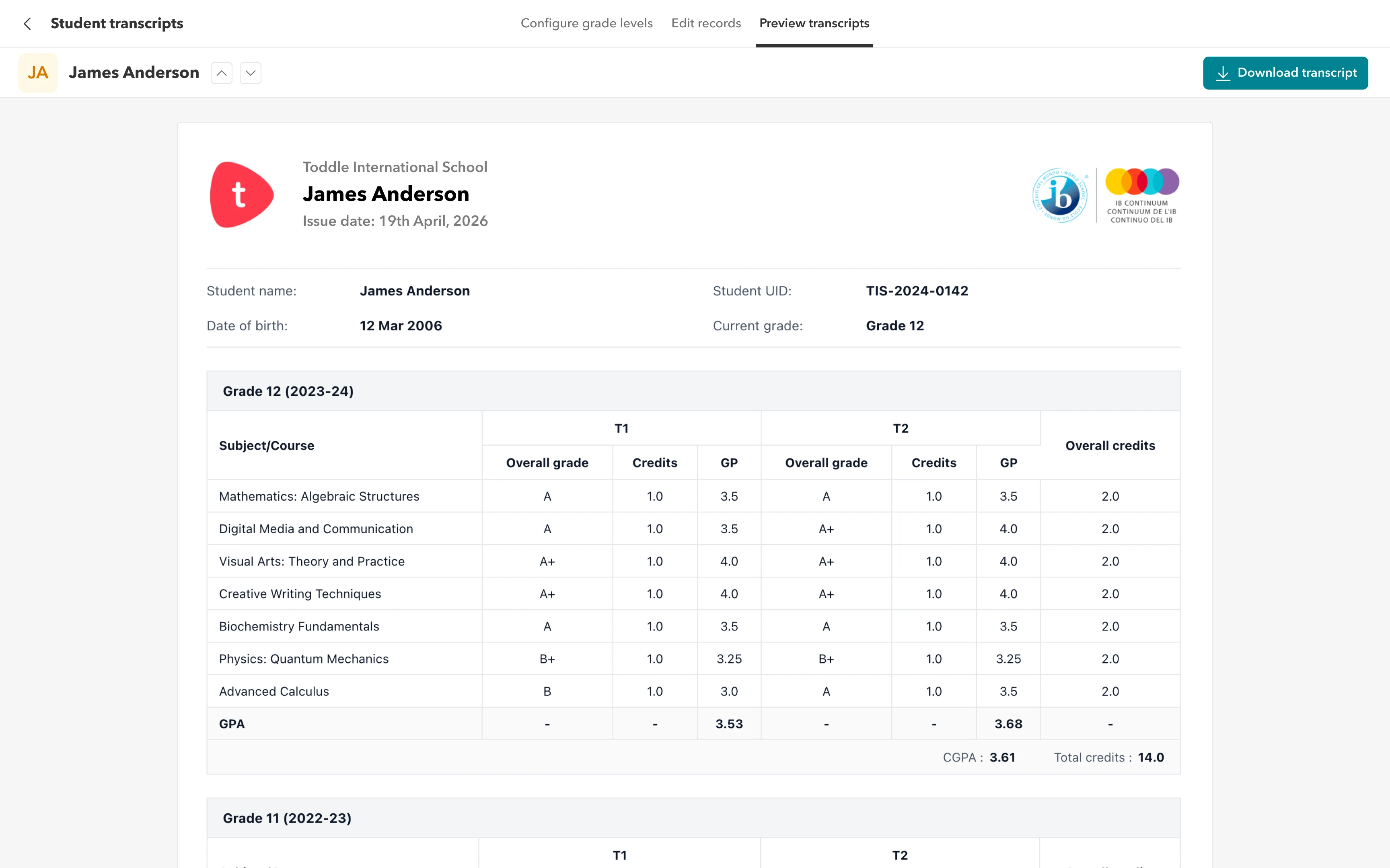 Progress Reports and Transcripts Toddle progress report builder showing a student report card with grades, comments, and cover sheet settings