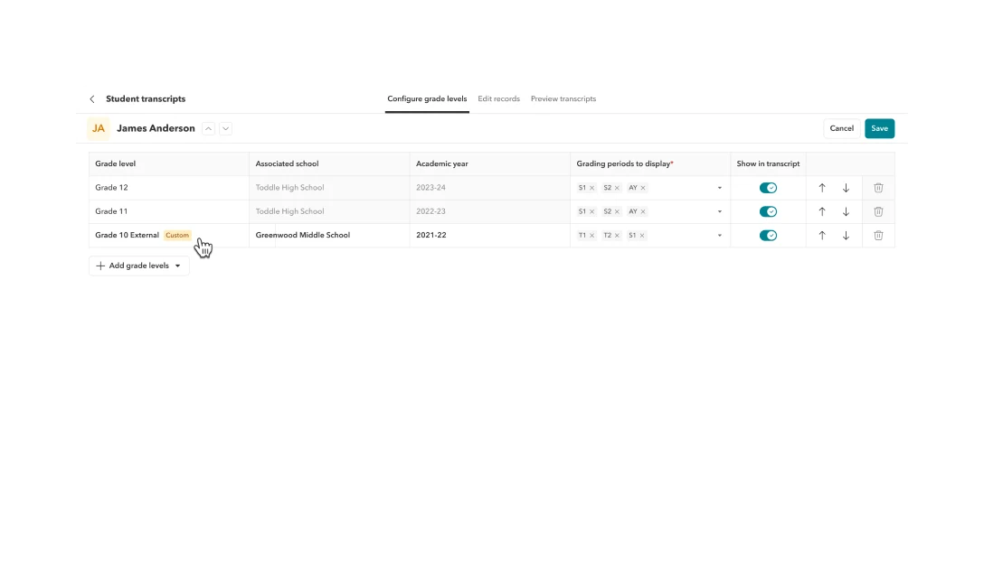 Bring external grades onto the transcript External grades from a previous school added onto a Toddle transcript