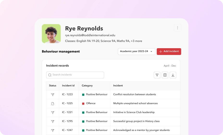 Behaviour management with the whole student in view - Toddle product mockup