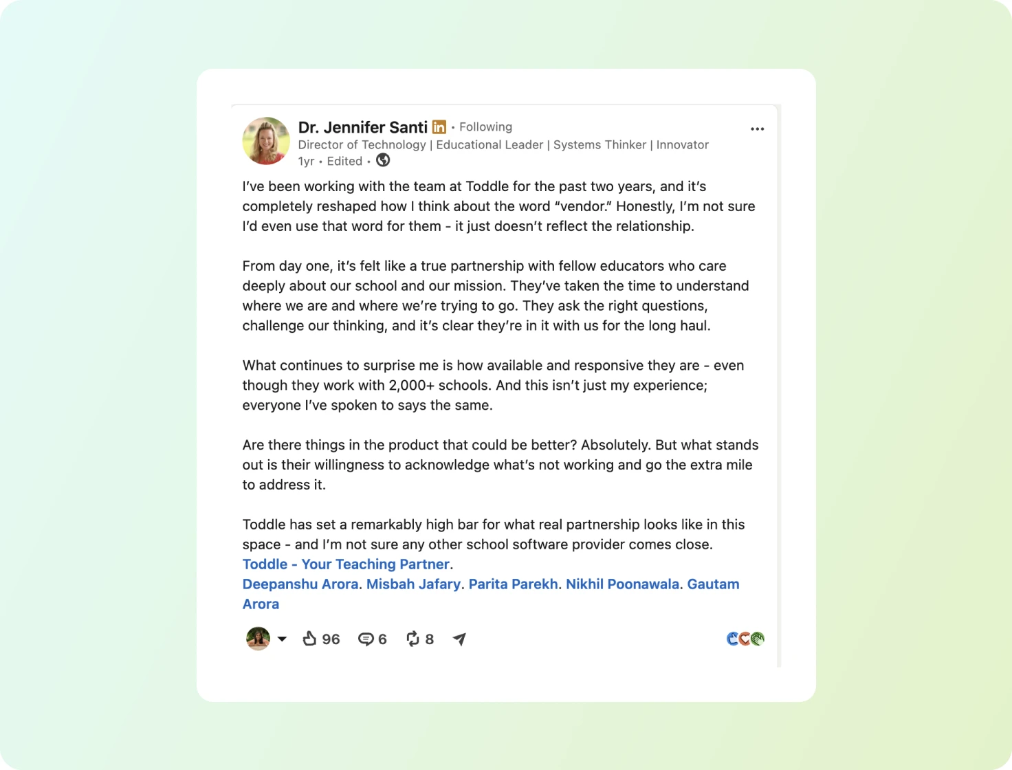 Support from people who have run schools - LinkedIn testimonial
