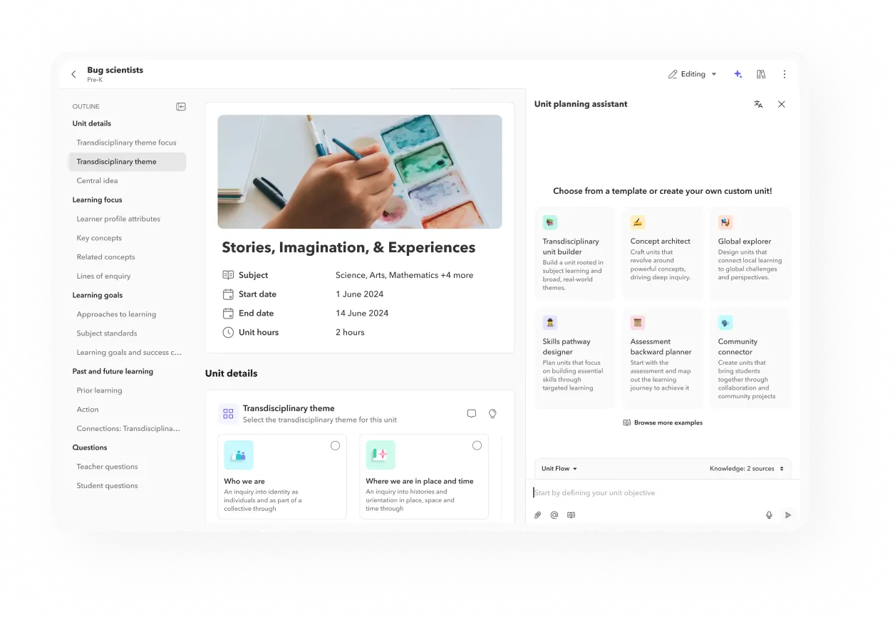 Toddle AI-powered LMS showing unit planning with Programmes of Study for British curriculum schools