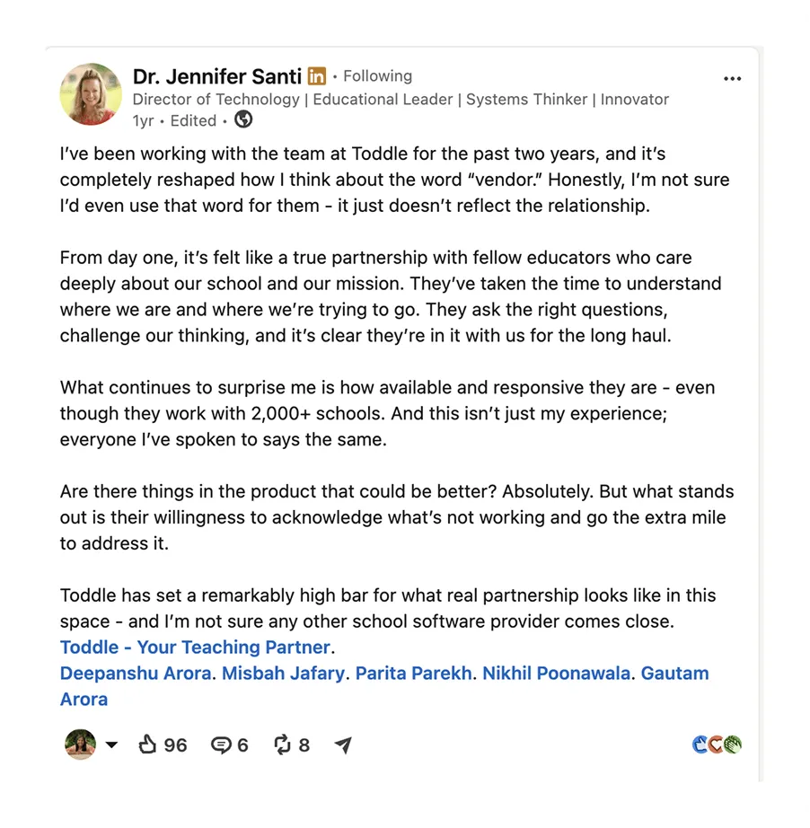LinkedIn post from Dr. Jennifer Santi, Director of Technology, describing her partnership with the Toddle team