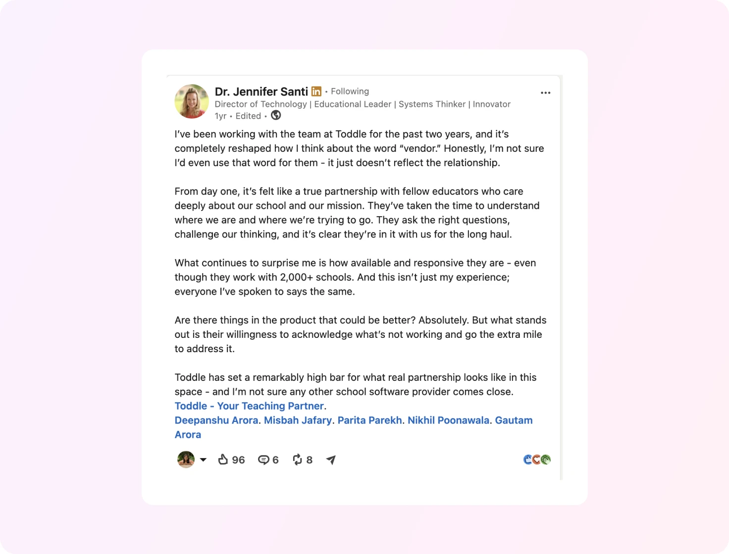 A transition that puts teachers first - LinkedIn testimonial