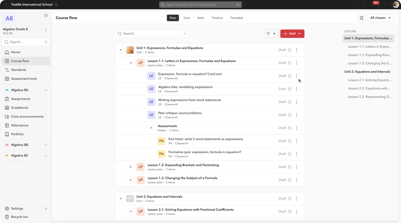 Toddle course homepage showing a teacher's course flow of units and lessons