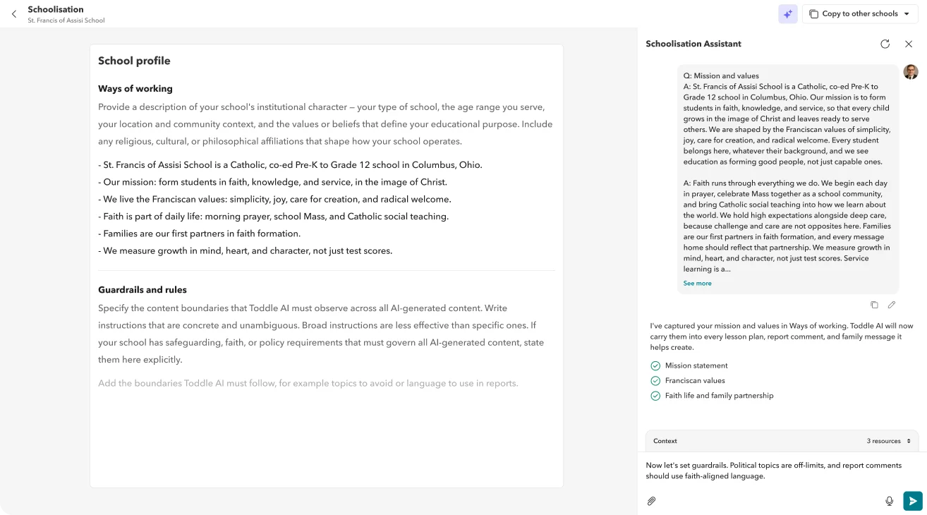 Toddle schoolisation profile describing a faith-based school’s mission and ways of working