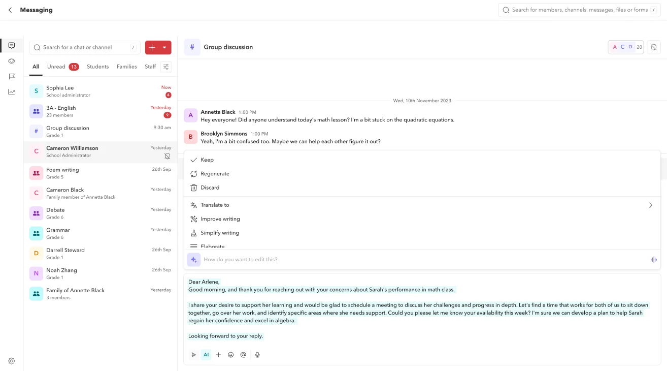 Toddle messaging with AI suggestions a teacher can review, refine or discard