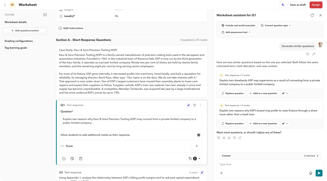Toddle worksheet builder with short response questions and an AI worksheet assistant