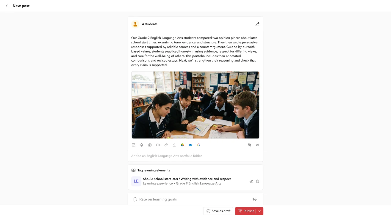 Toddle portfolio post with a class photo tagged to learning elements