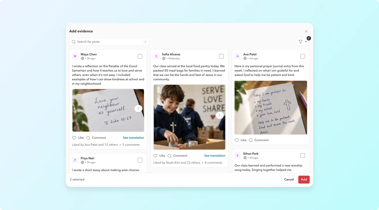 Toddle report card adding portfolio evidence from student posts