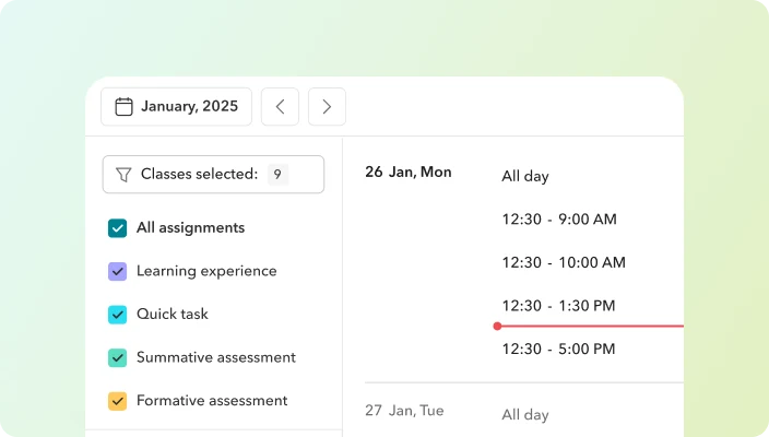 Attendance, timetable, and calendar Toddle calendar showing a teacher’s timetable alongside assignment filters
