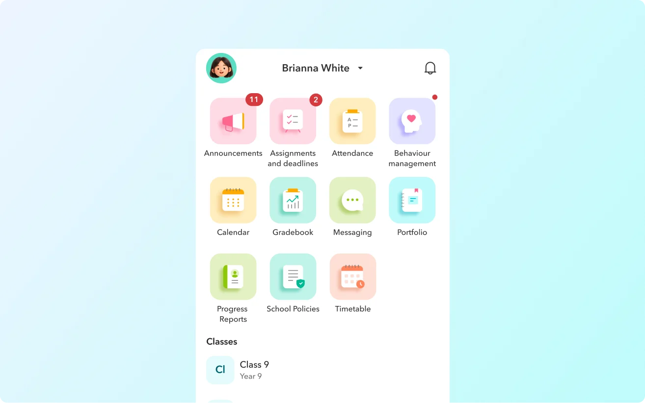 Toddle family app home with announcements, assignments, gradebook, portfolio and messaging