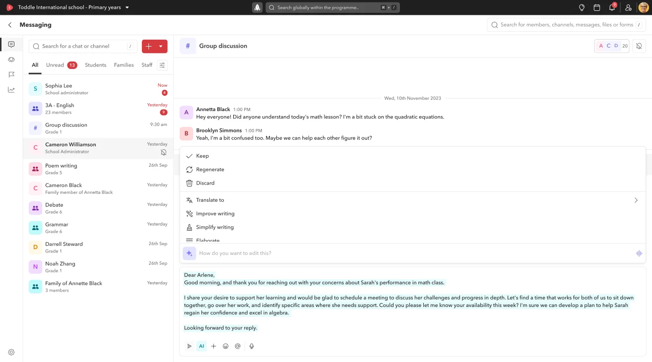 Toddle AI options in messaging to draft, summarize and improve a reply