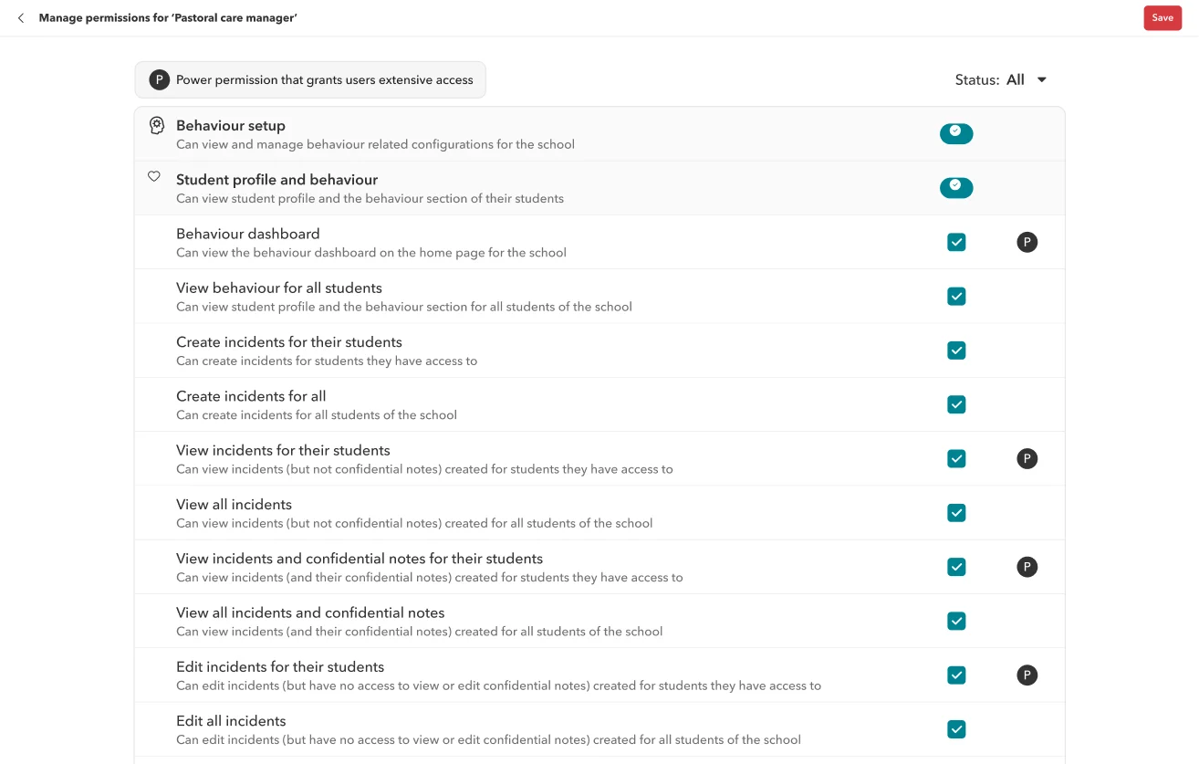 Toddle role permissions for a pastoral care manager controlling who can view and edit incidents