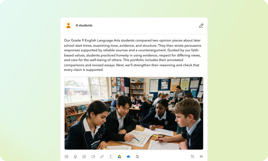 Assessment to reporting, one connected story Toddle portfolio post describing a faith-based English unit with a photo of students working together