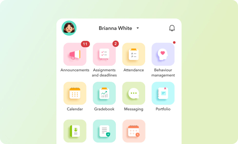One app for families, one inbox for teachers Toddle family app home screen with announcements, assignments, attendance, gradebook and messaging