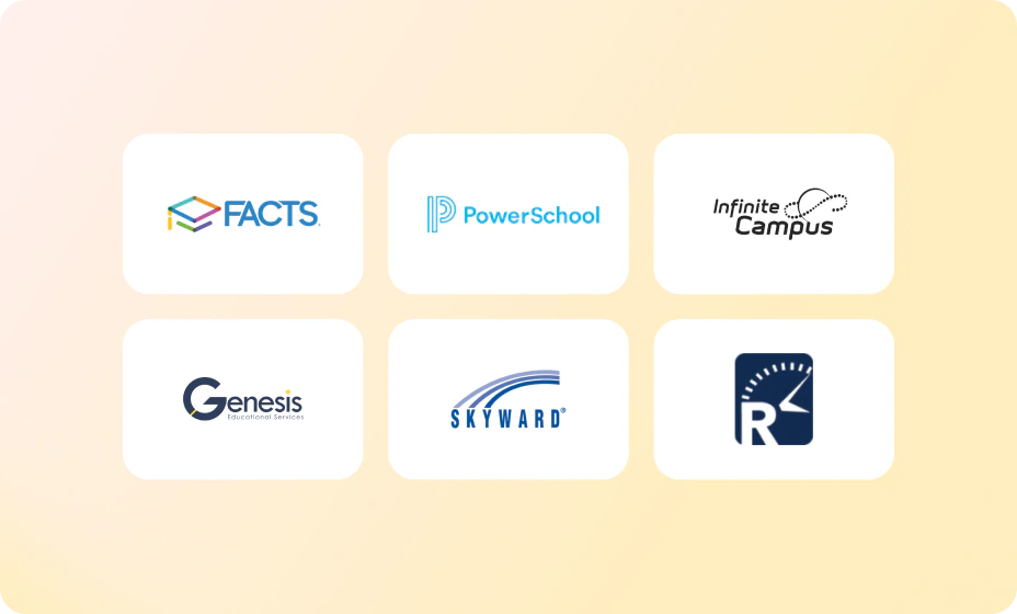 Two-way SIS sync SIS logos for FACTS, PowerSchool, Infinite Campus, Genesis, Skyward and Realtime